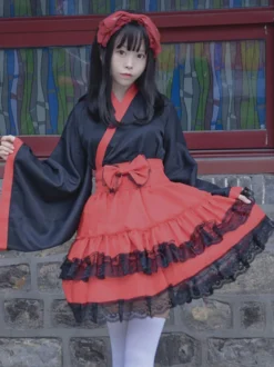 Costumes Lolita de Style Japonais Robes Lolita Polyester Volants Kimono Manches Longues Noir
