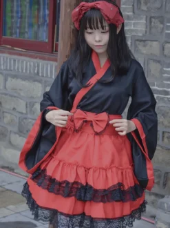 Costumes Lolita de Style Japonais Robes Lolita Polyester Volants Kimono Manches Longues Noir