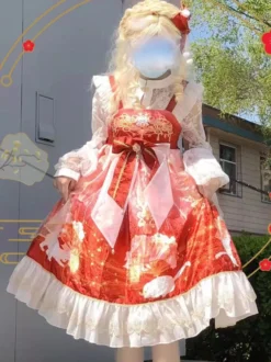 Costumes Lolita de style japonais Robes Lolita Volants en polyester Imprimé rouge Kimono JSK