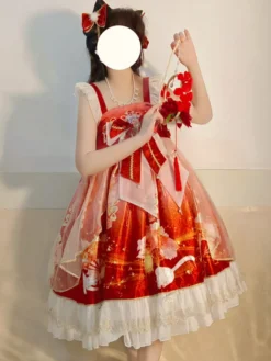 Costumes Lolita de style japonais Robes Lolita Volants en polyester Imprimé rouge Kimono JSK
