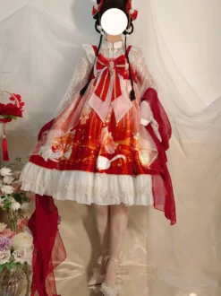 Costumes Lolita de style japonais Robes Lolita Volants en polyester Imprimé rouge Kimono JSK