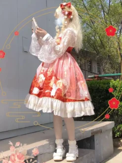 Costumes Lolita de style japonais Robes Lolita Volants en polyester Imprimé rouge Kimono JSK