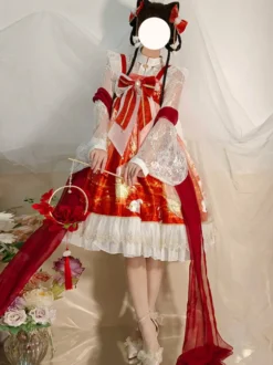 Costumes Lolita de style japonais Robes Lolita Volants en polyester Imprimé rouge Kimono JSK