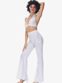 Costumes Rétro Blancs Pantalons En Polyester Ensemble Femme Costume Vintage 1970s Déguisement