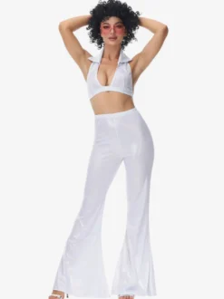 Costumes Rétro Blancs Pantalons En Polyester Ensemble Femme Costume Vintage 1970s Déguisement