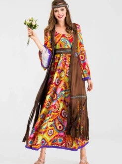 Costumes rétro Orange Polyester imprimé floral Costume Marie-Antoinette Gilet Hippies Tunique Costume du XVIIIe siècle Ensemble complet