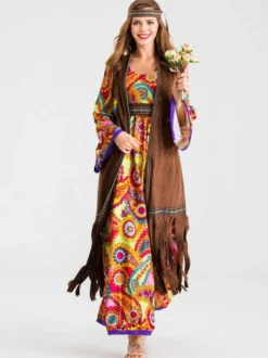 Costumes rétro Orange Polyester imprimé floral Costume Marie-Antoinette Gilet Hippies Tunique Costume du XVIIIe siècle Ensemble complet