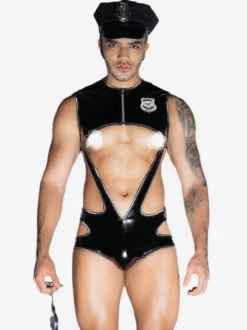 Costumes sexy pour hommes avec casquette de policier Rave Club Combinaison et chapeau en polyester