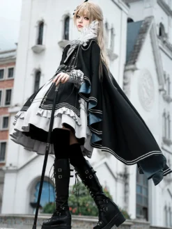 Costumes Uniforme militaire Lolita Armée Croix Détails métalliques Plumes Noir Noir