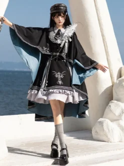 Costumes Uniforme militaire Lolita Armée Croix Détails métalliques Plumes Noir Noir
