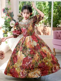 Costumes victoriens rococo Robe à imprimé floral coloré Robe rétro pour fille