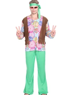 Costume vert Hippies imprimé floral manches longues haut en fibre Costumes rétro pour homme Ensemble vintage