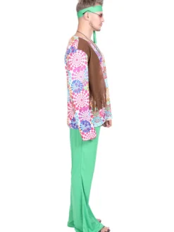 Costume vert Hippies imprimé floral manches longues haut en fibre Costumes rétro pour homme Ensemble vintage
