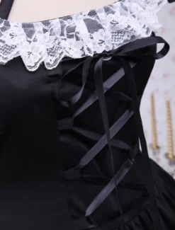 Coton noir Lolita OP robe manches courtes avec dentelle haut et White Lace Trim Déguisements
