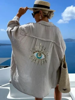 Couvre-maillot Blanc Col Rabattu Manches Longues Coton Lin Été Sexy Imprimé Yeux