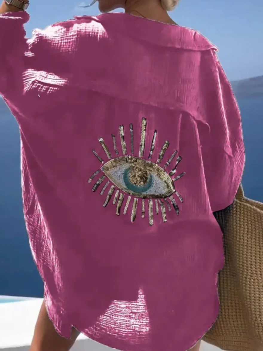 Couvre-maillot Blanc Col Rabattu Manches Longues Coton Lin Été Sexy Imprimé Yeux