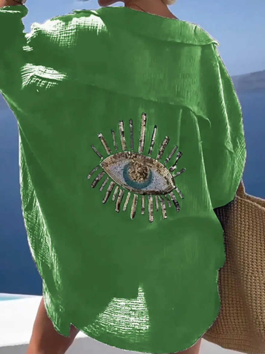Couvre-maillot Blanc Col Rabattu Manches Longues Coton Lin Été Sexy Imprimé Yeux