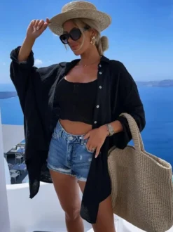 Couvre-maillot Blanc Col Rabattu Manches Longues Coton Lin Été Sexy Imprimé Yeux