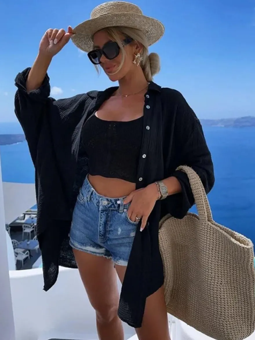 Couvre-maillot Blanc Col Rabattu Manches Longues Coton Lin Été Sexy Imprimé Yeux