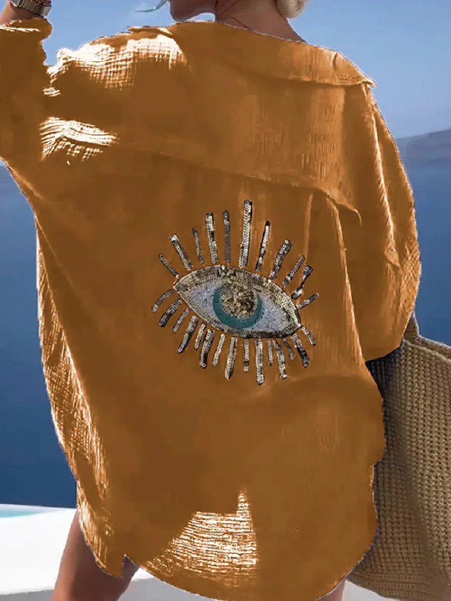 Couvre-maillot Blanc Col Rabattu Manches Longues Coton Lin Été Sexy Imprimé Yeux