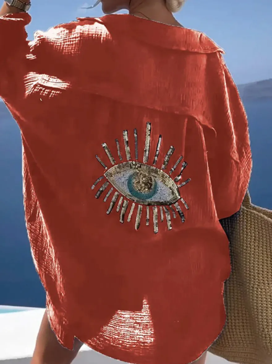 Couvre-maillot Blanc Col Rabattu Manches Longues Coton Lin Été Sexy Imprimé Yeux