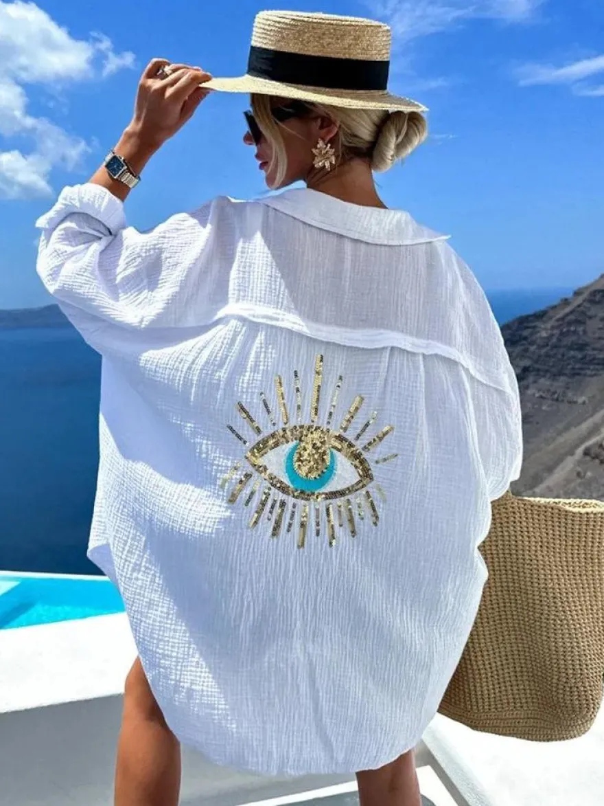 Couvre-maillot Blanc Col Rabattu Manches Longues Coton Lin Été Sexy Imprimé Yeux