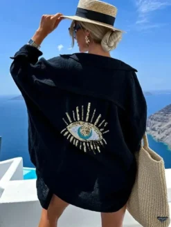 Couvre-maillot Blanc Col Rabattu Manches Longues Coton Lin Été Sexy Imprimé Yeux