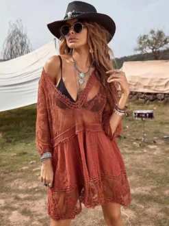 Couvre-maillot Courte Femme à Col Décolleté avec Manches Longues Bas Evasée Unicolore