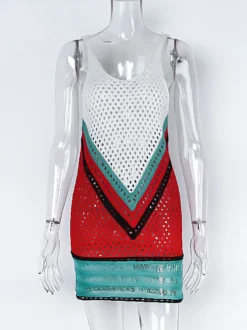Couvre Maillot en Maille Femme Transparente à Col Décolleté en V avec Bretelles Tricolores Couvre Maillot Sexy