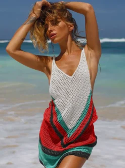 Couvre Maillot en Maille Femme Transparente à Col Décolleté en V avec Bretelles Tricolores Couvre Maillot Sexy