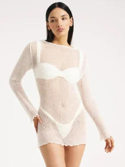 Couvre Maillot Femmes Blanc Dos Nu Polyester Été Plage Manches Longues