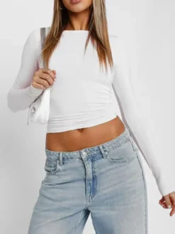 Crop top ajusté à manches longues et col rond pour femme - T-shirt basique doux et extensible coupe slim Y2K - Streetwear printemps 2026