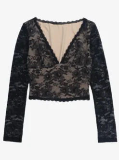 Crop top en dentelle florale pour femme - Noir sexy col en V manches longues - Tenue de soirée printanière 2026
