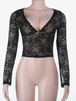 Crop top en dentelle florale pour femme - Noir sexy col en V manches longues - Tenue de soirée printanière 2026