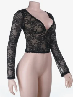 Crop top en dentelle florale pour femme - Noir sexy col en V manches longues - Tenue de soirée printanière 2026