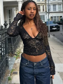 Crop top en dentelle florale pour femme - Noir sexy col en V manches longues - Tenue de soirée printanière 2026