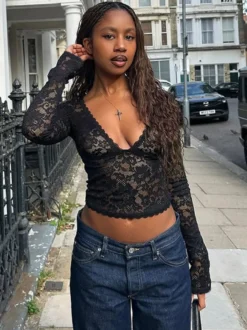 Crop top en dentelle florale pour femme - Noir sexy col en V manches longues - Tenue de soirée printanière 2026