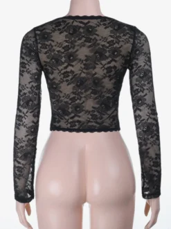 Crop top en dentelle florale pour femme - Noir sexy col en V manches longues - Tenue de soirée printanière 2026