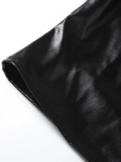 Crop top en similicuir pour femme - Haut noir sexy à manches courtes et col montant découpé - Tenue de club rave d'été 2026