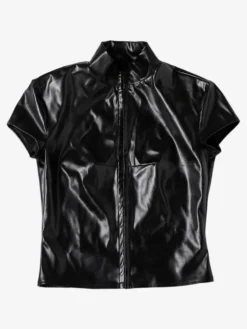Crop top en similicuir pour femme - Haut noir sexy à manches courtes et col montant découpé - Tenue de club rave d'été 2026