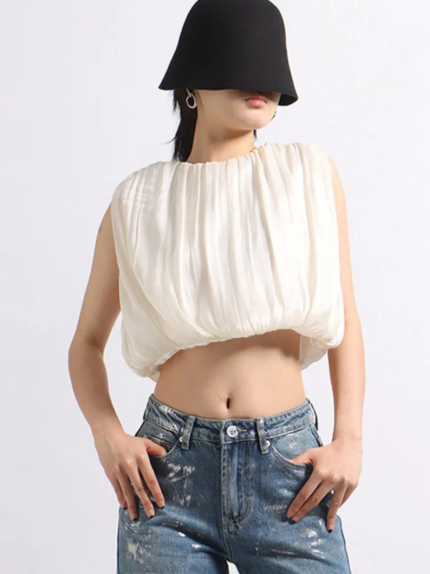 Crop top femme abricot à col bijou chic plissé sans manches