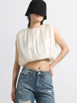 Crop top femme abricot à col bijou chic plissé sans manches