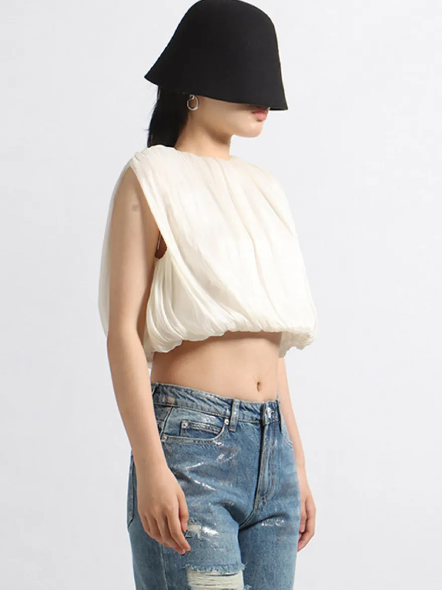 Crop top femme abricot à col bijou chic plissé sans manches