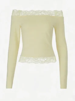 Crop top épaules dénudées à bordure en dentelle pour femme - Blouse slim à manches longues style années 2000 - Collection printemps streetwear 2026