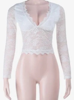 Crop top sexy en dentelle transparente pour femme - Décolleté en V profond manches longues coupe ajustée - Style coquette tenue de soirée en boîte de nuit 2026