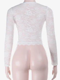 Crop top sexy en dentelle transparente pour femme - Décolleté en V profond manches longues coupe ajustée - Style coquette tenue de soirée en boîte de nuit 2026
