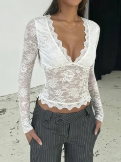 Crop top sexy en dentelle transparente pour femme - Décolleté en V profond manches longues coupe ajustée - Style coquette tenue de soirée en boîte de nuit 2026