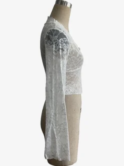 Crop top transparent en dentelle florale festonnée à col en V profond pour femme 2026
