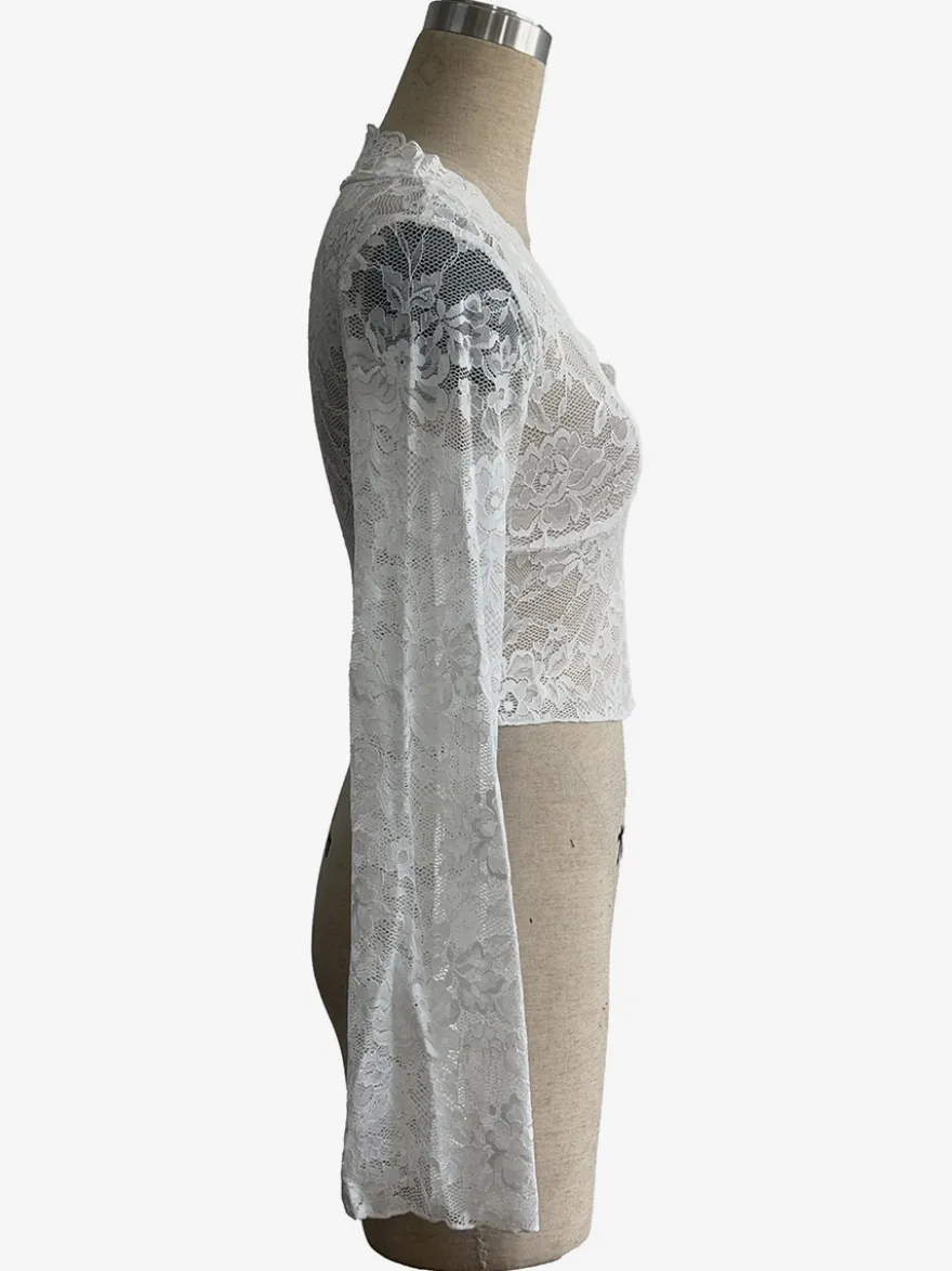 Crop top transparent en dentelle florale festonnée à col en V profond pour femme 2026