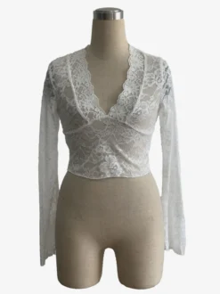 Crop top transparent en dentelle florale festonnée à col en V profond pour femme 2026